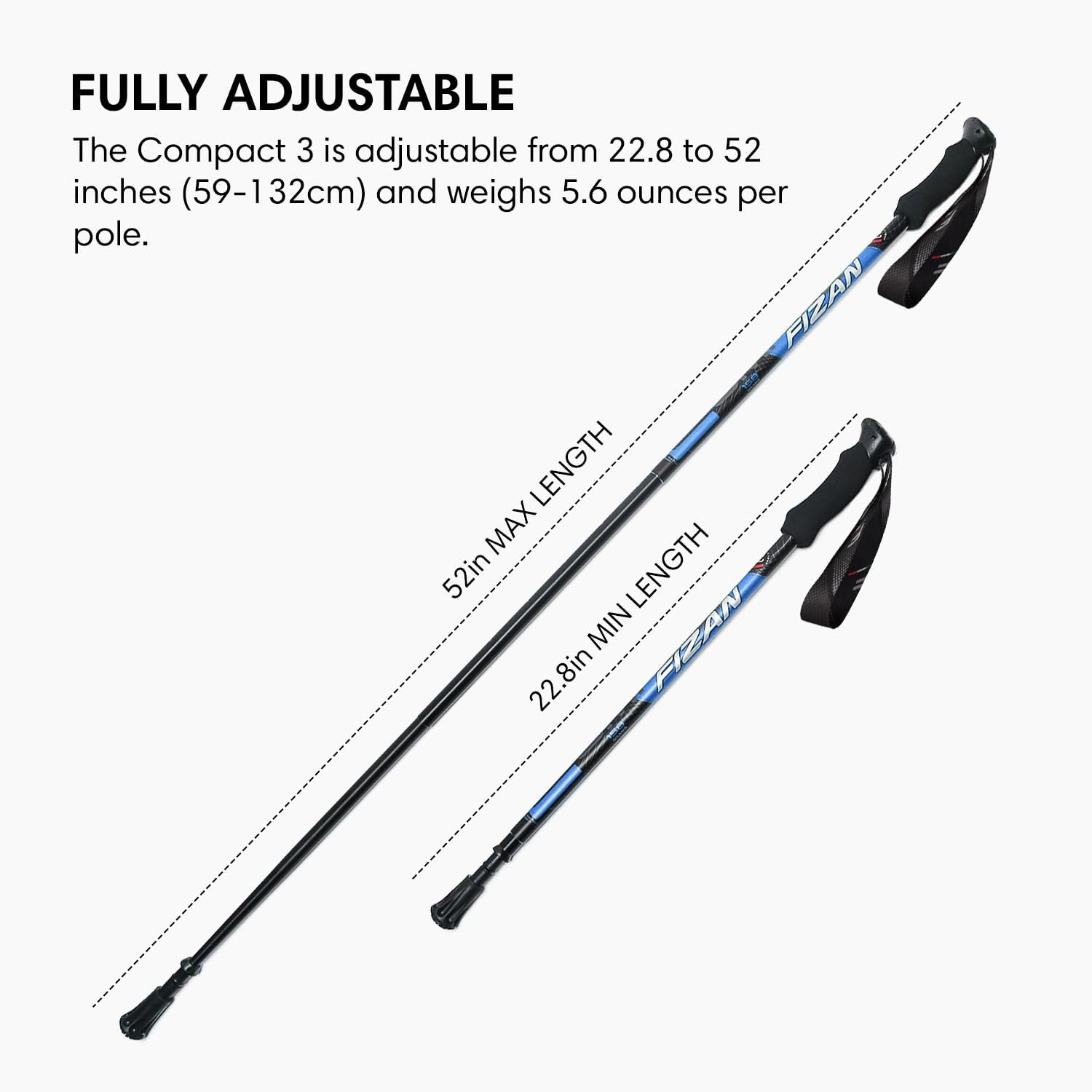 Fizan Compact 3 Trekking Poles – 5.6 oz Ultralight, Backpacking, Thru Hiking Poles, Adjustable, Collapsible, Customized Fit, EVA Grips, Aluminum Walking Sticks (Compact 3)